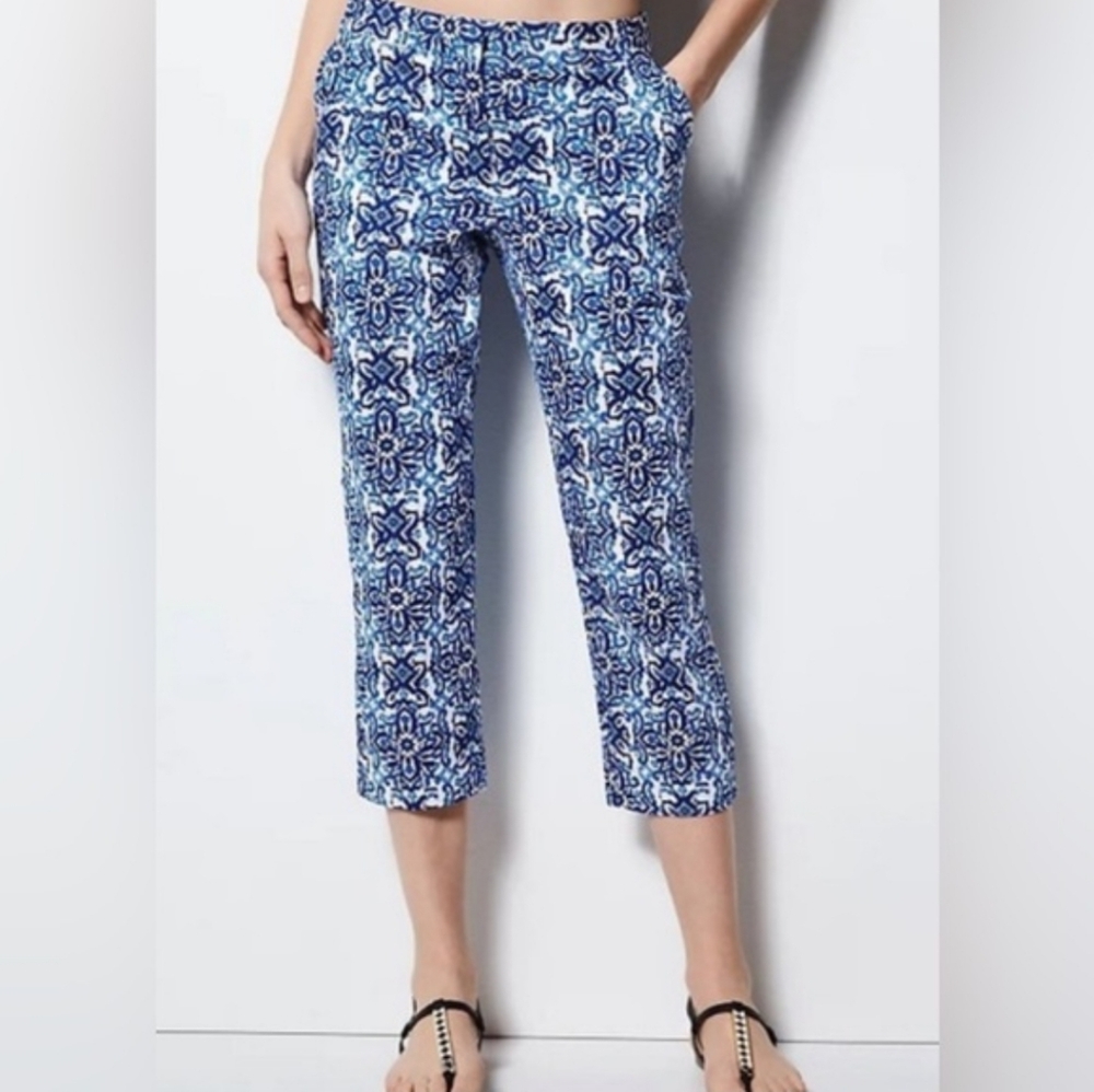 Milly Design Nation Blue White Geometric Mid Rise Capri Pants Womens Size 10